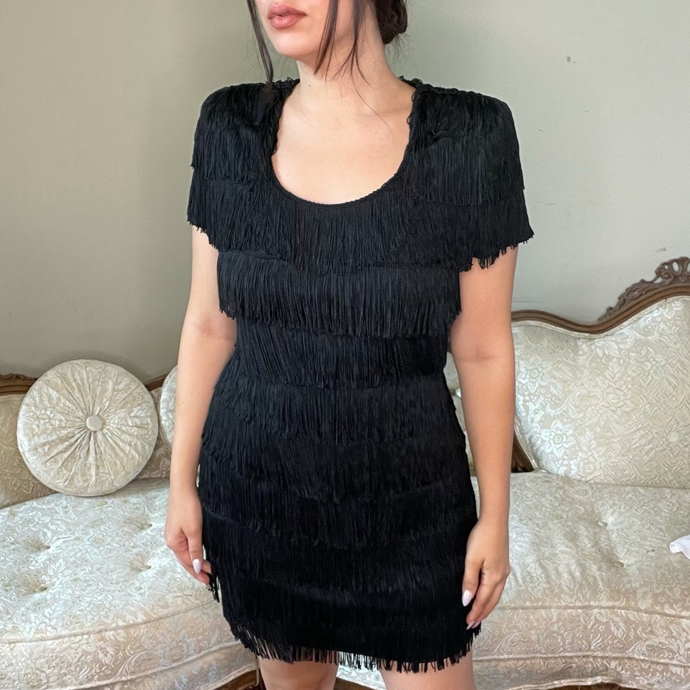 ROBERTA Vintage 1970s, 70s  Black Short Sleeve Fringe Party Dress